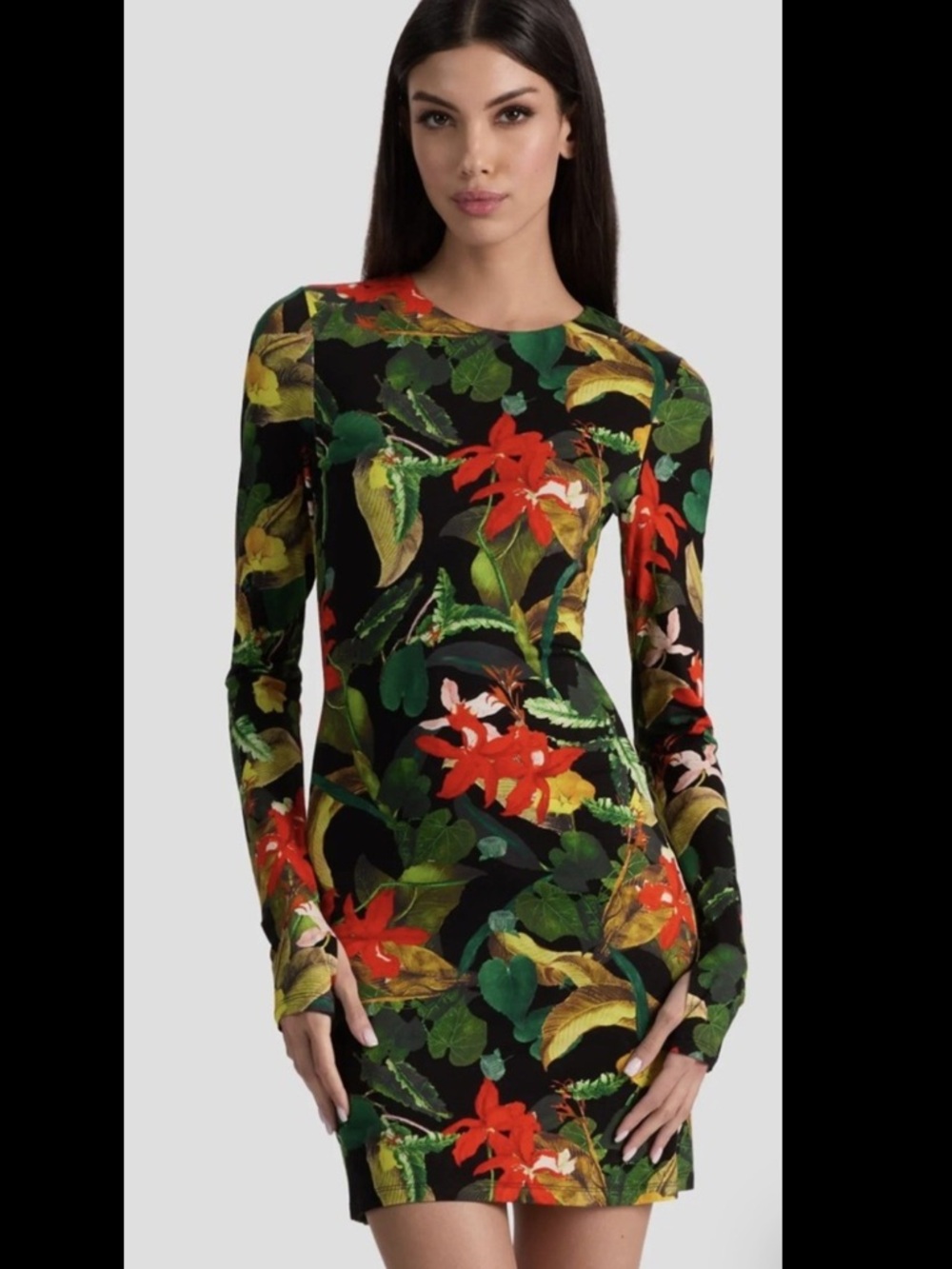 NWOT Alice + Olivia Black Long-Sleeve Floral Bodycon Dress - Small